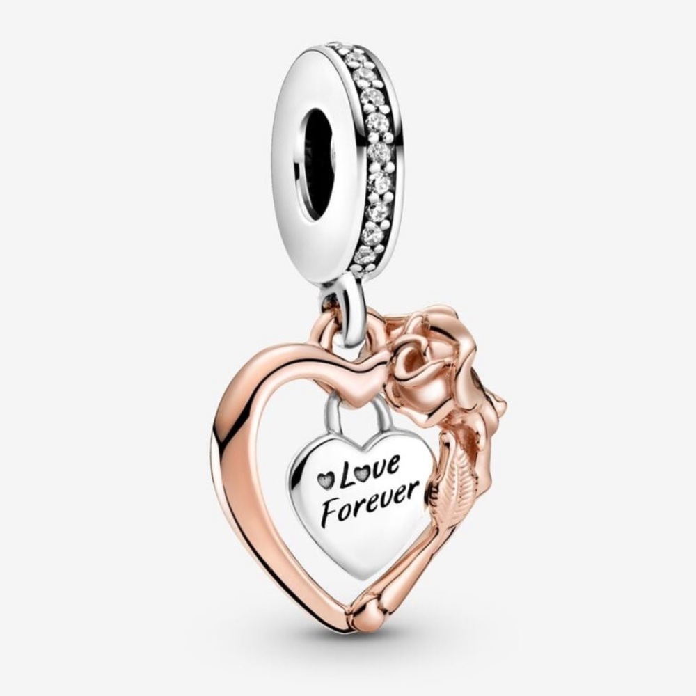 Pandora Heart & Rose Flower Dangle Charm Sterling Silver 925 EUC